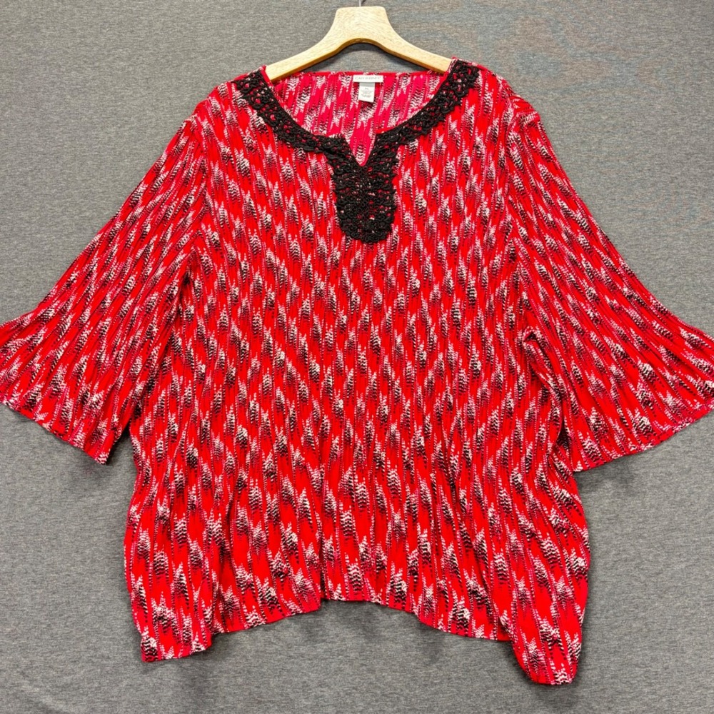 Catherines Blouse Womens 5X Red Pleated Pattern Beaded Neck Tunic 3/4 Bell